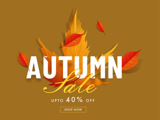 Wall Mural - Autumn Sale advertising poster or template design with 50% discount offer and abstract leaves pattern on golden background.