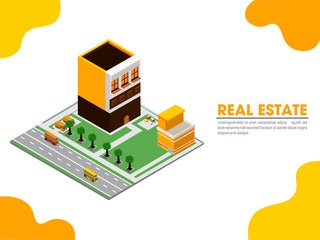 Canvas Print - Website landing page design with isometric real estate buildings area showing residential along transport street.