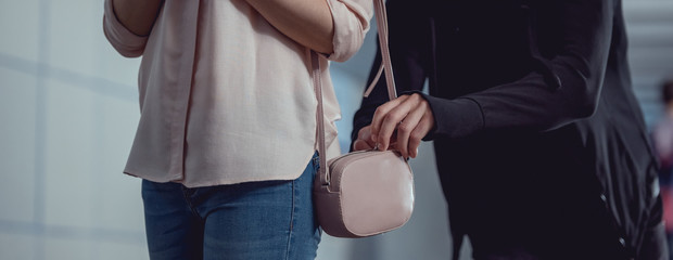 Wall Mural - panoramic shot of thief stealing money from bag of woman