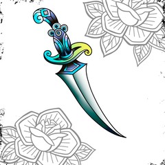 Traditional tattoo with dagger knife. Colorful Tattoo.Vector illustration Old school tattoo line art. Suitable for printing transfer tattoos and stickers