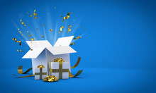 Exploding Open Party Gift Box On A Blue Background. 3D Render