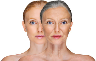 comparison. portrait of beautiful woman with problem and clean skin, aging and youth concept, beauty