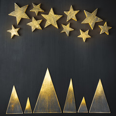 Wall Mural - Fabulous scene,Black gilded Christmas trees and the starry sky on a dark background
