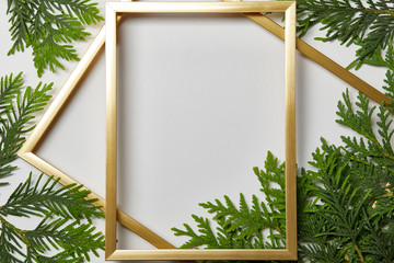 Wall Mural - top view of empty golden frames on white background with copy space and fern green leaves