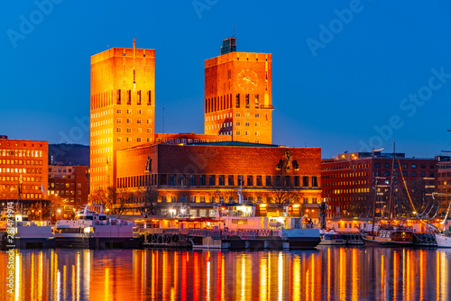 Night view of town hall in oslo viewed behind the port, Norway Canvas Print