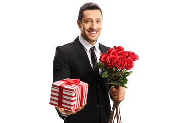 Sticker - Young elegant man holding roses and a present