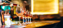 Wine Serving In Glasses In Night Club Bar Restaurant | Blurred Background