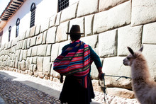 Rear View Of Man In Colorful Poncho Walking With Llama On Street