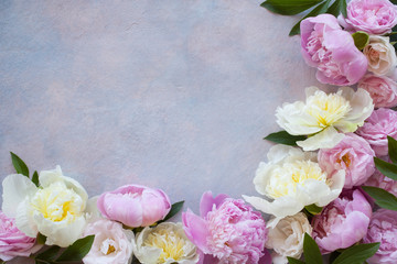 Wall Mural - Peonies and roses on the background of colored plaster and space for text.