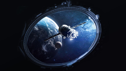 Leinwandbilder - International space station with space ship on orbit of the Earth planet. View from porthole. ISS.Elements of this image furnished by NASA	
