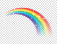 Abstract Realistic Colorful Rainbow With Shiny Stars On Transparent Background. Vector Illustration.