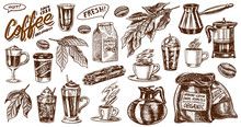 Coffee In Vintage Style. A Bag Of Grain, Cocoa Leaves, Cinnamon Sticks, A Cup And A Teapot, A Coffee Maker And A Bag Of Milk, Calligraphic Inscription. Hand Drawn Engraved Retro Sketch For Labels.