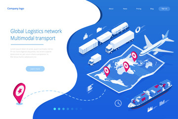 Web template banner Global logistics network Flat isometric illustration of air cargo trucking rail transportation maritime shipping On-time delivery Vehicles designed to carry large numbers of cargo