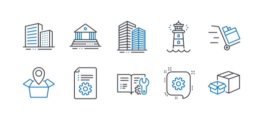 Poster - Set of Industrial icons, such as Package location, Engineering documentation, Cogwheel, Skyscraper buildings, Buildings, Lighthouse, Push cart, Court building, Technical documentation. Vector