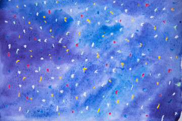 Wall Mural - Abstract watercolor background of blue color with a multi-colored pattern from dots. Place for your design.