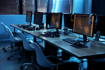 Wall Mural - Internet cafe interior with modern computers. Video game tournament