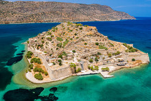 Aerial Drone View Of The Ancient Island Of Spinalonga On The Greek Island Of Crete