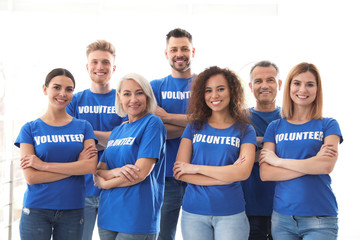 Wall Mural - Team of volunteers in uniform on light background