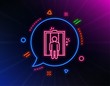 © blankstock - Lift line icon. Neon laser lights. Elevator sign. Transportation between floors symbol. Glow laser speech bubble. Neon lights chat bubble. Banner badge with elevator icon. Vector