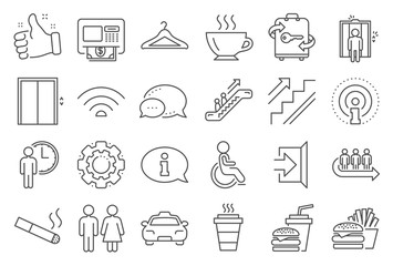 Poster - public services, wifi line icons. elevator, cloakroom and taxi icons. exit, atm and escalator. wifi,