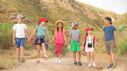 Sticker - Cute little children outdoors on summer day. Camping trip