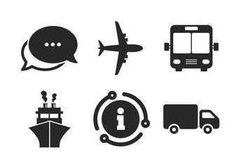 Poster - Truck, Airplane, Public bus and Ship signs. Chat, info sign. Transport icons. Shipping delivery symbol. Air mail delivery sign. Classic style speech bubble icon. Vector