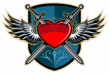 Two Crossed Swords Piercing A Heart With The Wings And Shield On Background, Medieval, Vintage Style Vector Logo.
