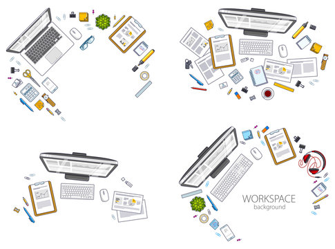 Office desks workspaces top view with PC and laptops  and diverse stationery objects for work, overhead look. All elements are easy to use separately or recompose the illustrations. Vector set.