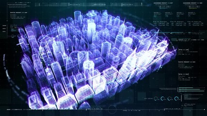 Fototapete - Futuristic head up display holographic city digitally generated image virtual reality matrix particles in cyber space background environment