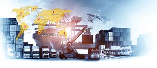 World map with logistic network distribution on background. Logistic and transport concept in front Logistics Industrial Container Cargo freight ship for Concept of fast or instant shipping