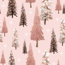 Sparkling Winter Forest Seamless Pattern With Snowflakes And Trees In Shades Of Pink, Ivory And Brown. Vintage, Natural Look, Great For Christmas And Winter Holiday Cards, Paper Items And Textiles.