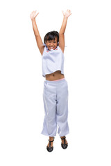 Wall Mural - Portrait of Black asian child jumping isolated on white .