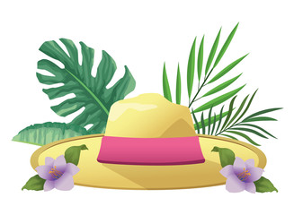 Canvas Print - Summer hat with tropical foliage