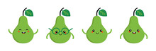 Set, Collection Of Cute And Happy Cartoon Style Green Pear Characters For Healthy Food, Vegan And Cooking Design.