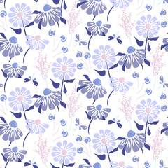 Rustic flowers vintage blue purple colors seamless vector pattern.