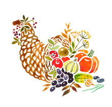 Watercolor Cornucopia Full Of Vegetables, Berries And Fruits Of Autumn