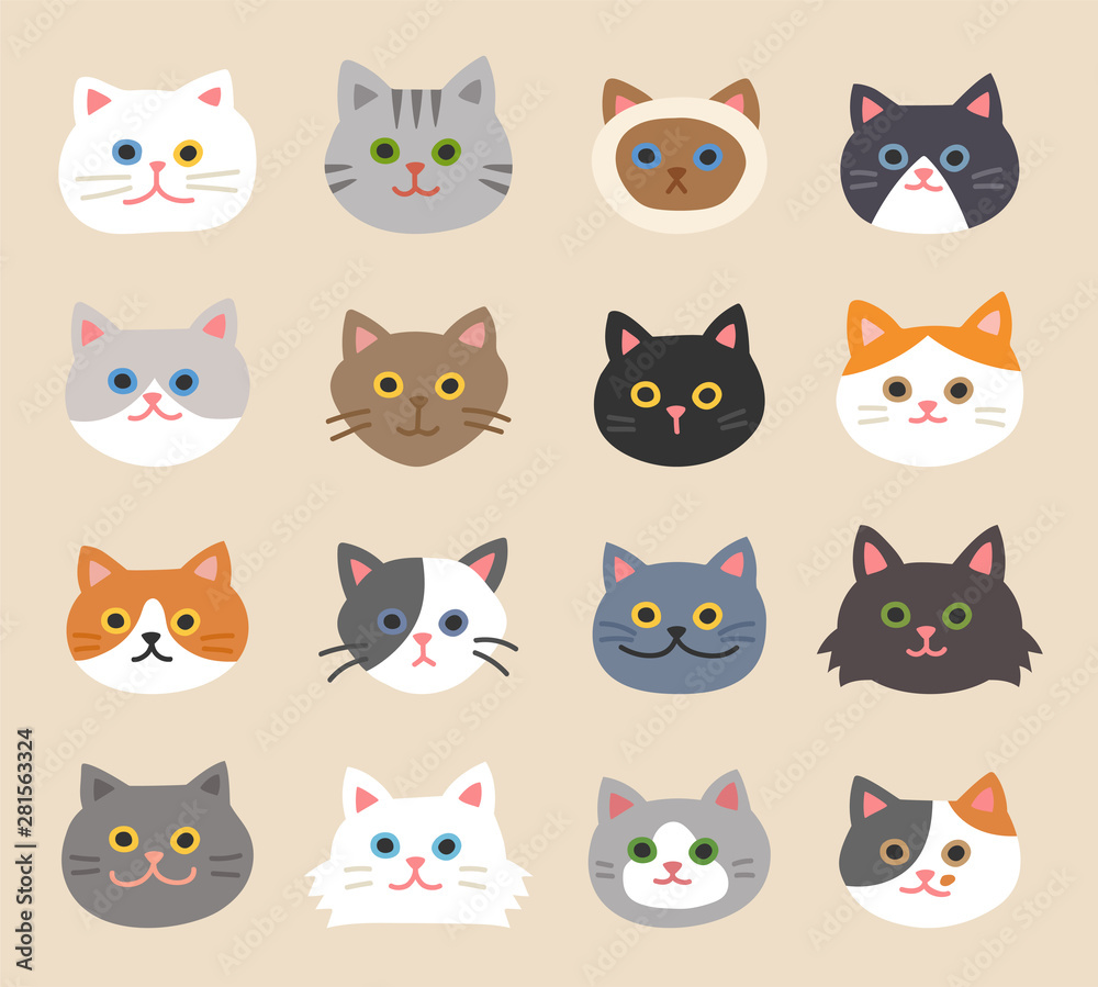 Set of cute cat faces with hand-drawn style. flat design style minimal vector illustration. - obrazy, fototapety, plakaty 