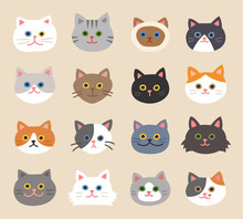 Set Of Cute Cat Faces With Hand-drawn Style. Flat Design Style Minimal Vector Illustration.