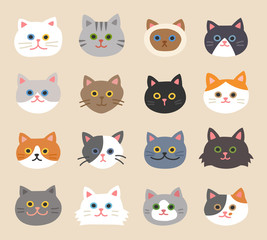 Wall Mural - set of cute cat faces with hand-drawn style. flat design style minimal vector illustration.