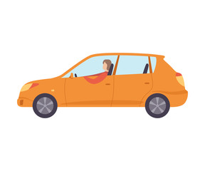 Sticker - Orange Car with Male Driver, Side View Vector Illustration