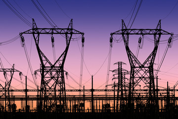  high voltage pylons silhouette , sunset lighting, clear sky background