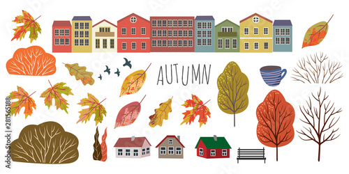 Autumn Cute Flat Objects Of Isolated Leaves Houses Trees And