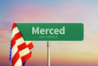 Merced – California. Road or Town Sign. Flag of the united states. Sunset oder Sunrise Sky. 3d rendering