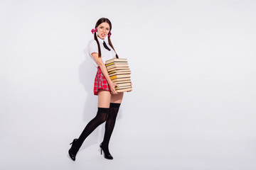 Wall Mural - Full length side profile body size photo beautiful she her teacher lady hold many book diligent student tails pushing hard wear specs short red checkered costume pantyhose isolated white background