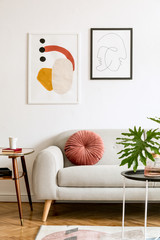 Wall Mural - Minimalist interior design of living room with sofa and framed posters