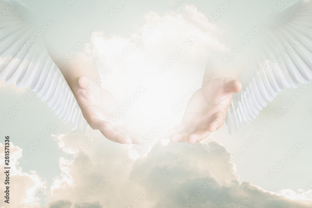 The hand opened up from heaven To welcome prayer to God background Style Double exposure - obrazy, fototapety, plakaty 