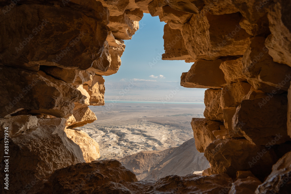 View from Masada ruins over the desert in israel - obrazy, fototapety, plakaty 