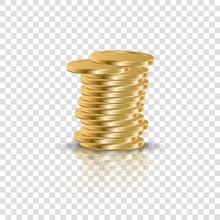 Realistic Golden Coins Stack On Transparent Background. 3D Coin Money Stacked, Gold Penny Cash Pile.