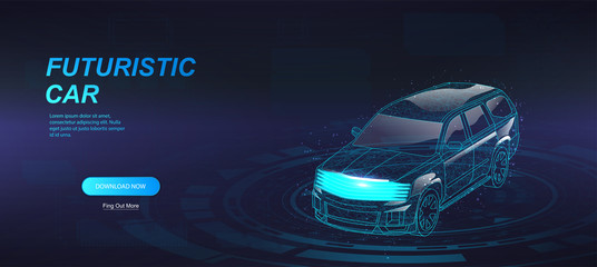 Poster - Futuristic jeep in the form of a starry sky or space. 3d model hologram crossover,  consisting of points, lines, and shapes in the form of planets, stars and the universe. Smart and future concept car