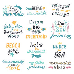 Wall Mural - Vector set of lettering with cute mermaids phrases.